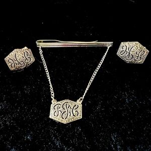Antique Sterling Silver marcasite Tie bar cufflinks Art Decor monogram set RSG